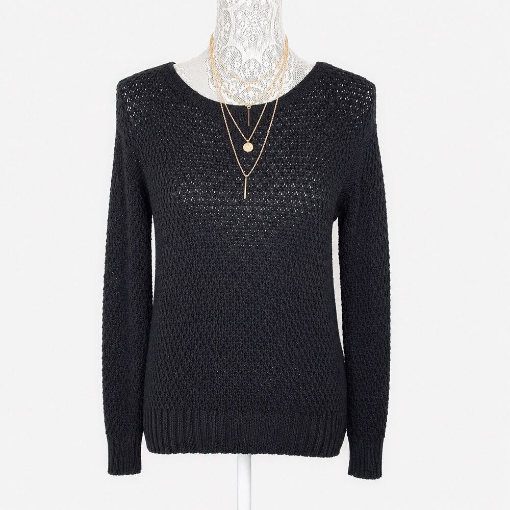 VINCE CAMUTO Black Textured Open Knit Long Sleeve Scoop Neck Sweater Top XS - Picture 2 of 6